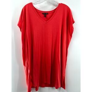 Eileen Fisher Women's Red Stretch Short Cap Sleeve V-Neck Tee Shirts Size Large